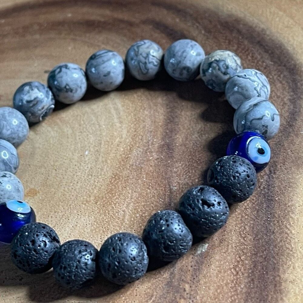 Picasso jasper lava evil eye 10mm stretch bracelet beaded bracelet 7” stretch cr